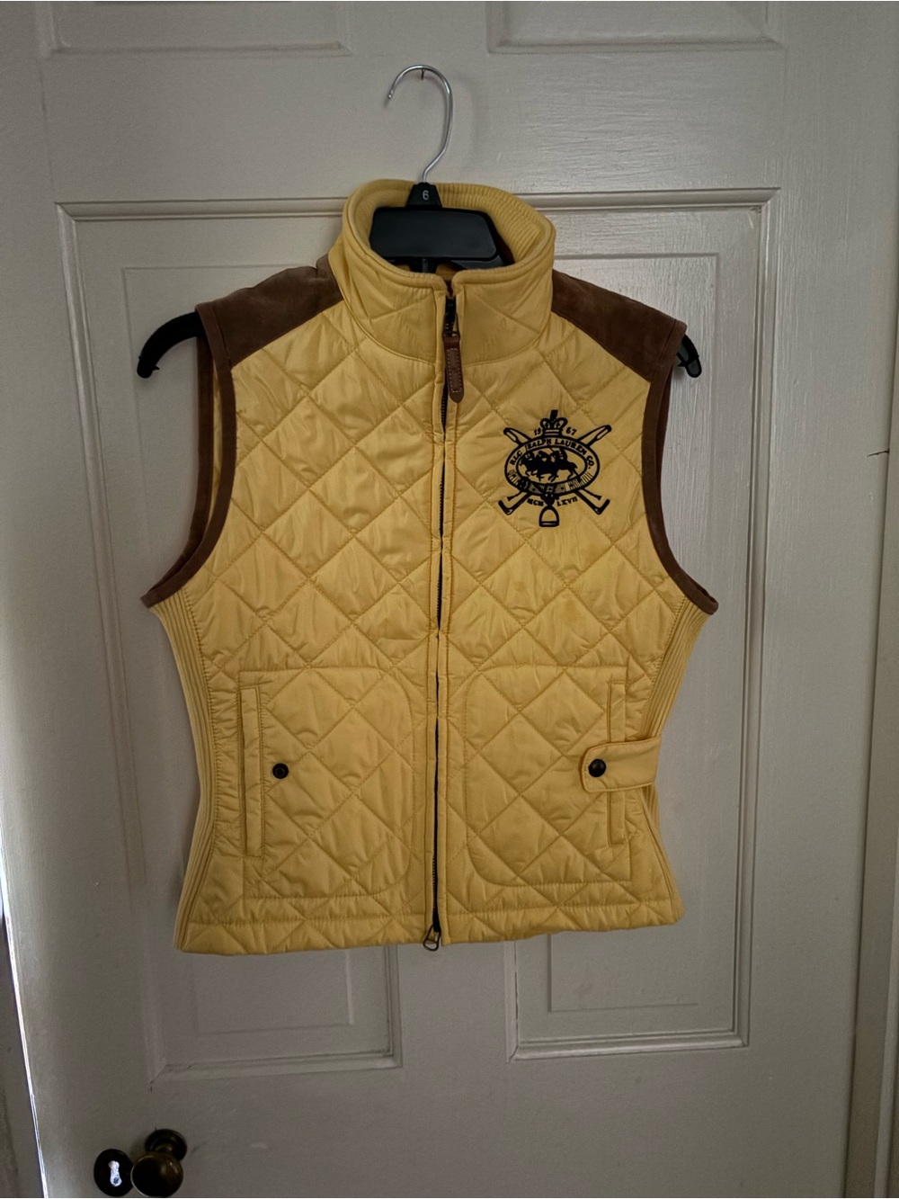 RL Sport Women’s Quilted Yellow Vest with Brown Suede Trim